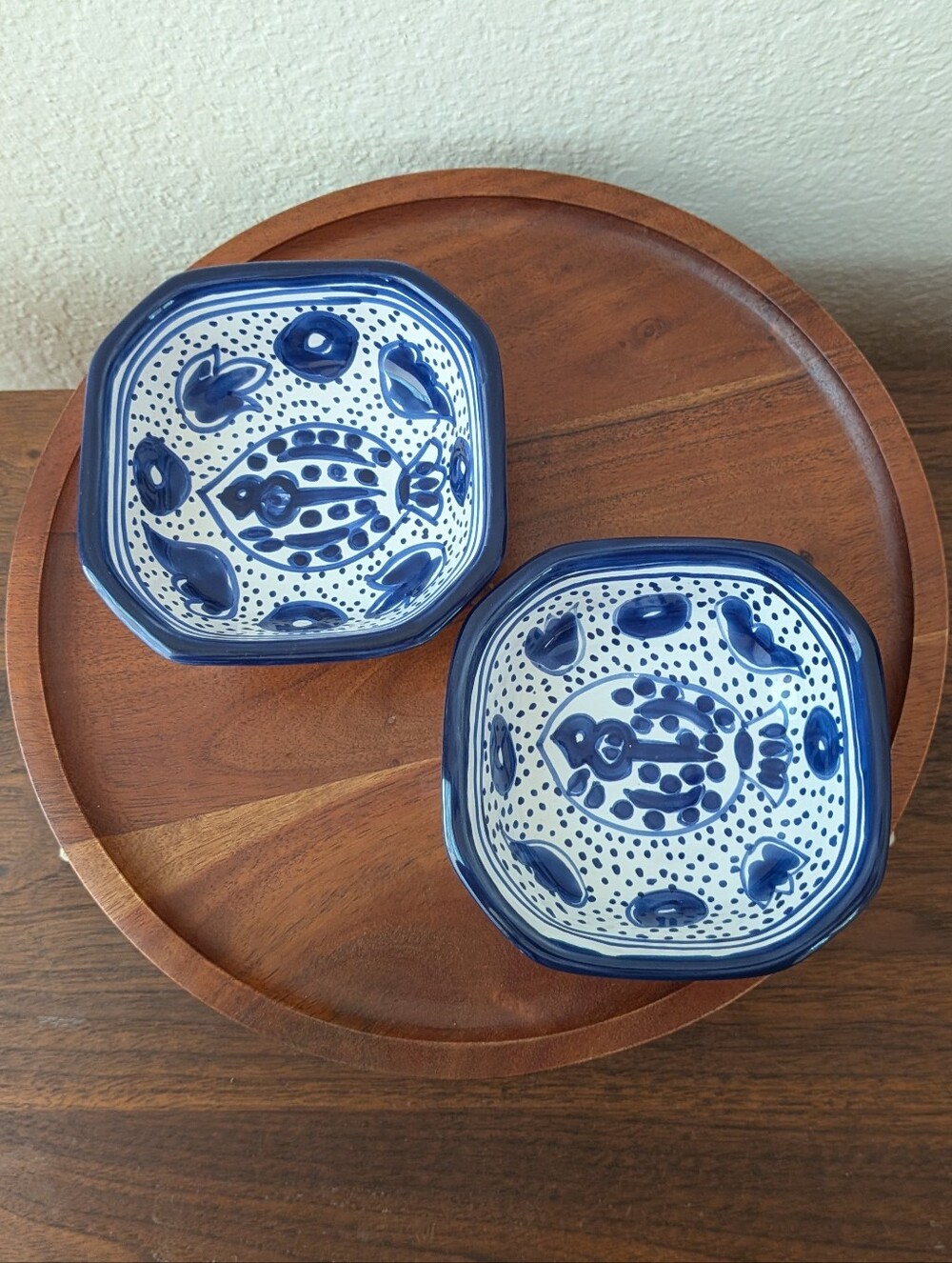 Set of Two Tunisian Pottery Hand Painted Ramekins White Blue Fish Small